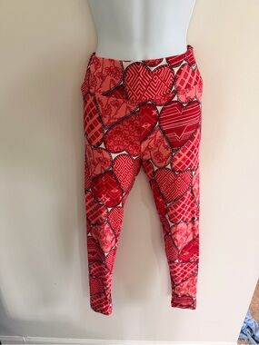 LULAROE Red Patchwork Heart Print Leggings- one size